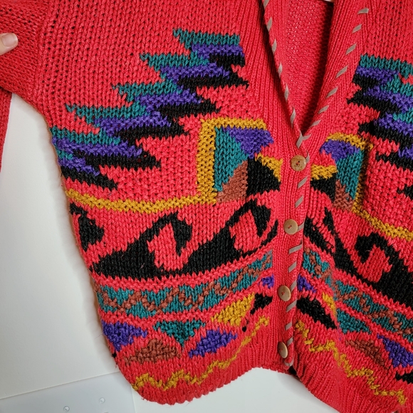 80s Carolina Colours Cardigan Sm Embroidered Knit Red Chunky Oversized Sweater - Picture 8 of 11